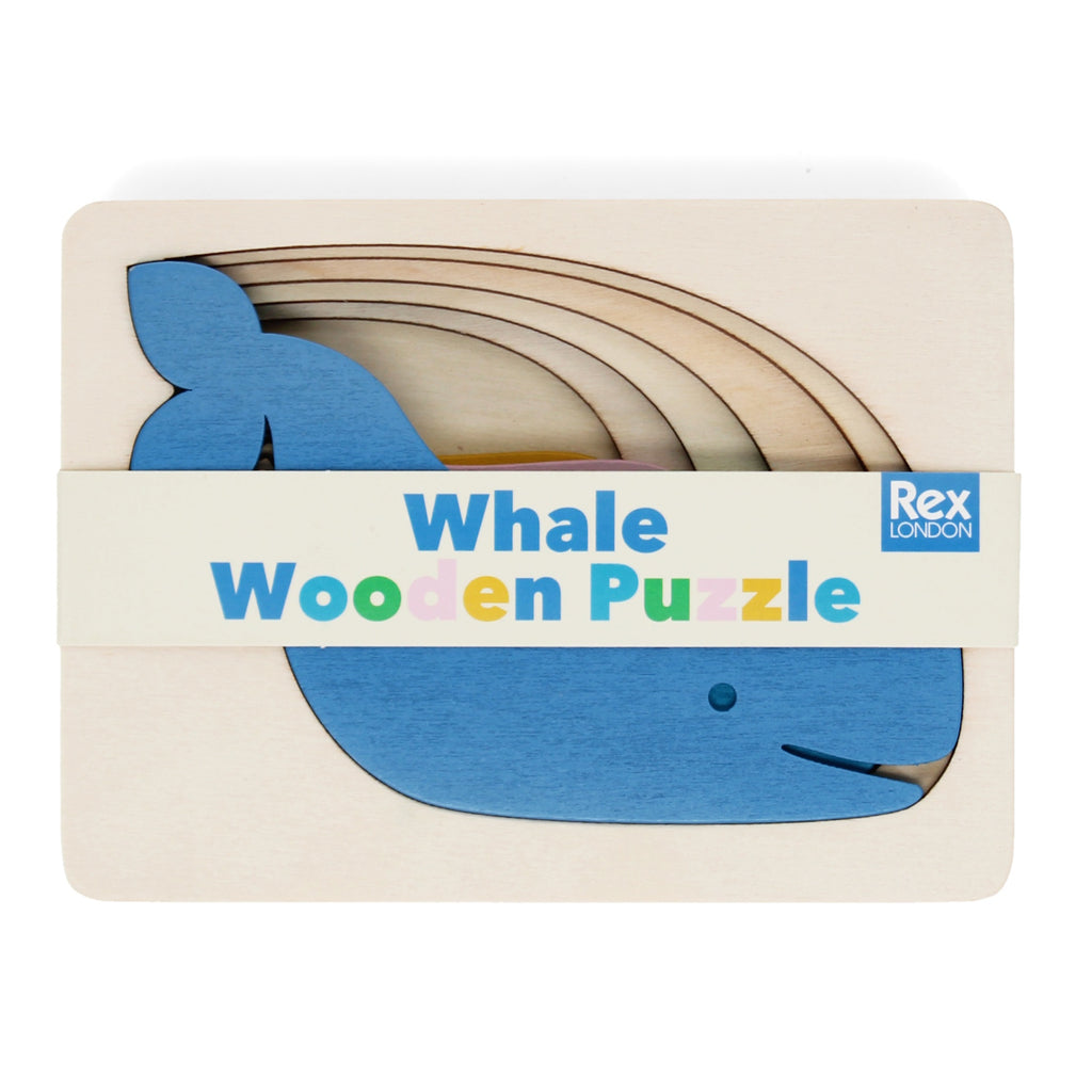 A colorful, multi-layered wooden puzzle featuring a whale design, designed for young children to assemble and enjoy.