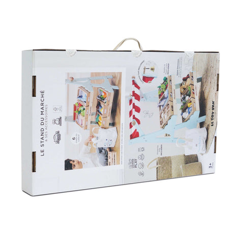Product packaging box for a wooden toy market stand, showing product images and details.