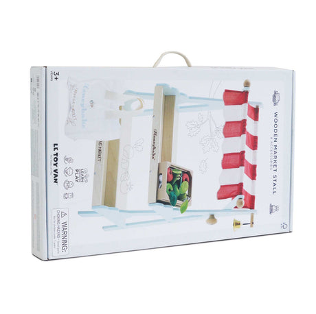 Packaging box for a Le Toy Van wooden market stall toy with accessories pictured on the front.