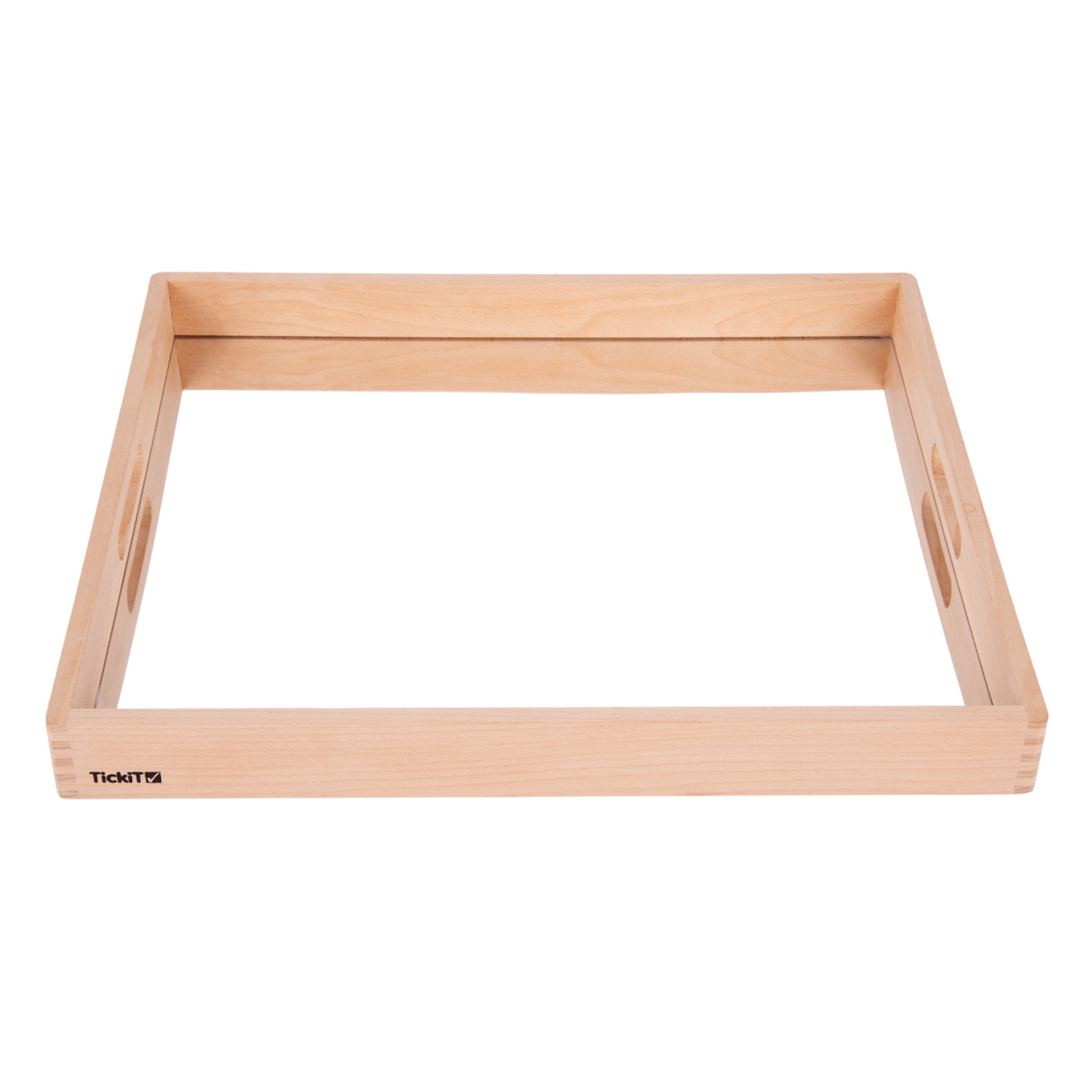 A sturdy wooden tray with a mirrored base, designed to enhance sensory exploration, loose parts play, and visual perception activities.