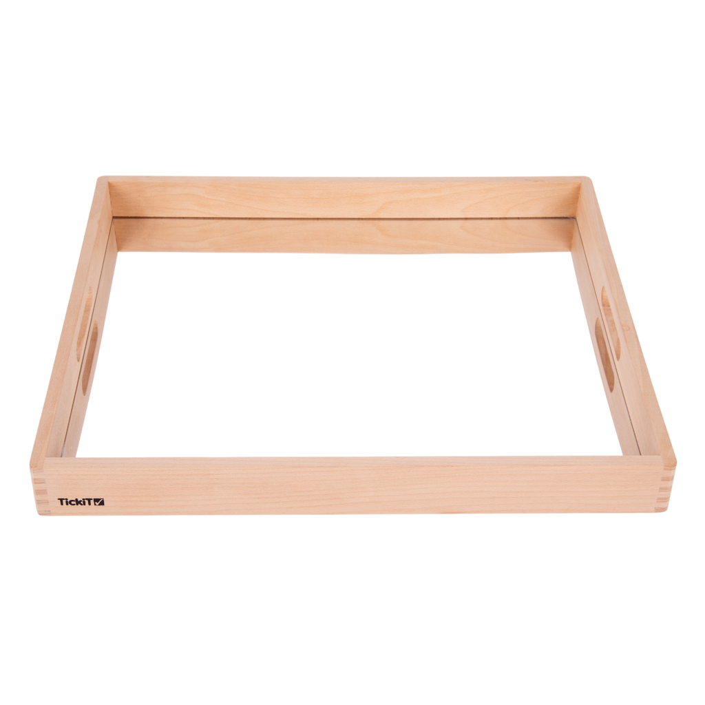 A sturdy wooden tray with a mirrored base, designed to enhance sensory exploration, loose parts play, and visual perception activities.