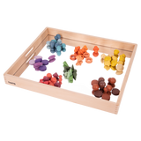 A sturdy wooden tray with a mirrored base, designed to enhance sensory exploration, loose parts play, and visual perception activities.