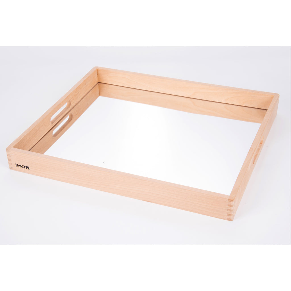 A sturdy wooden tray with a mirrored base, designed to enhance sensory exploration, loose parts play, and visual perception activities.