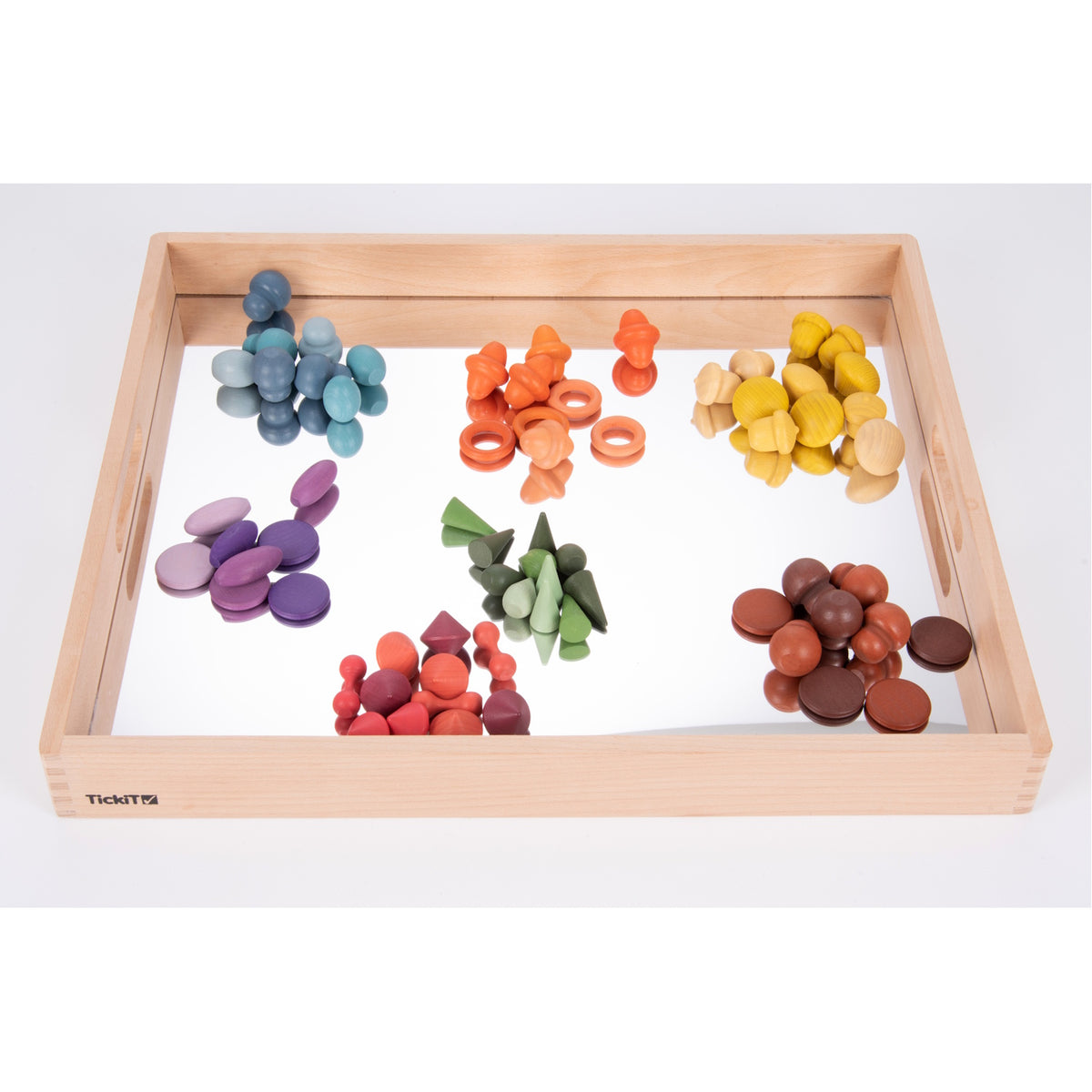 A sturdy wooden tray with a mirrored base, designed to enhance sensory exploration, loose parts play, and visual perception activities.