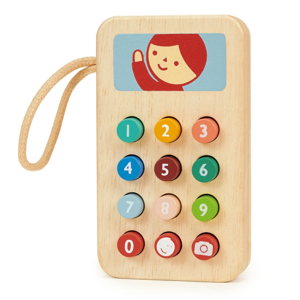 A charming wooden toy phone designed for imaginative play, featuring colorful buttons and a classic design, perfect for toddlers to engage in pretend conversations.