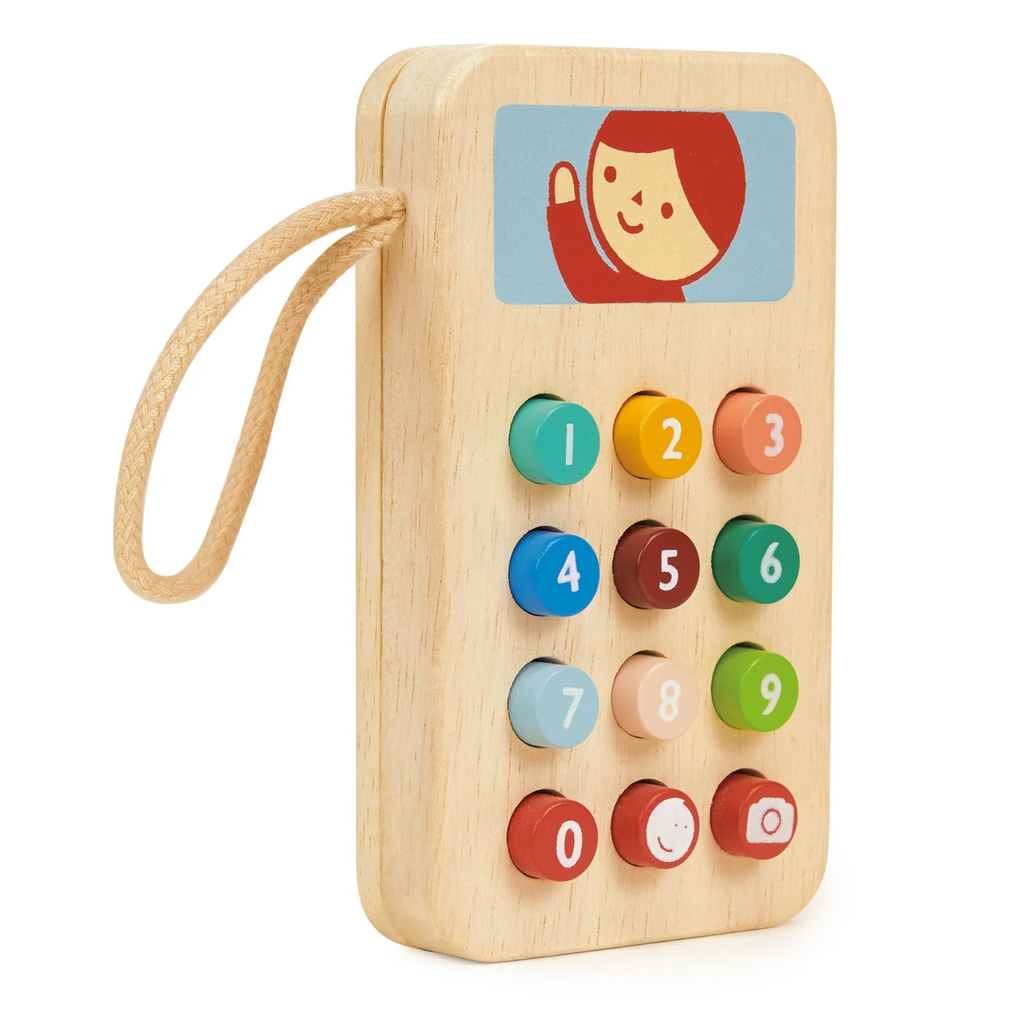 A charming wooden toy phone designed for imaginative play, featuring colorful buttons and a classic design, perfect for toddlers to engage in pretend conversations.