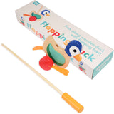 A charming wooden toy featuring a duck that flaps its wings as it is pushed along, perfect for young children.
