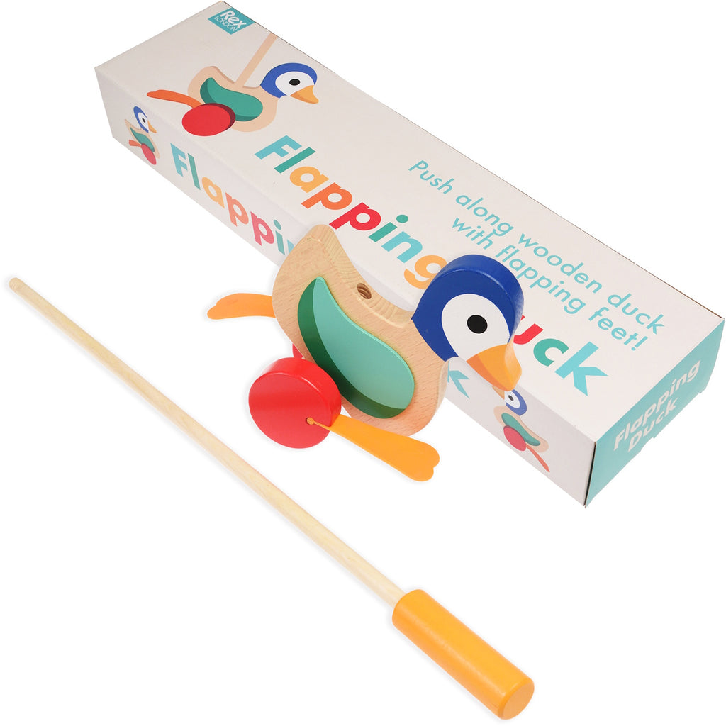 A charming wooden toy featuring a duck that flaps its wings as it is pushed along, perfect for young children.