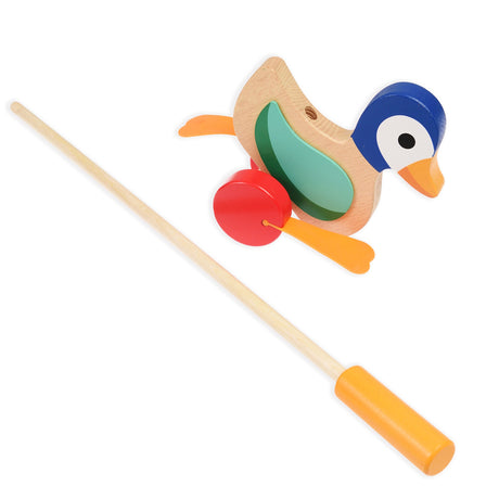 A charming wooden toy featuring a duck that flaps its wings as it is pushed along, perfect for young children.