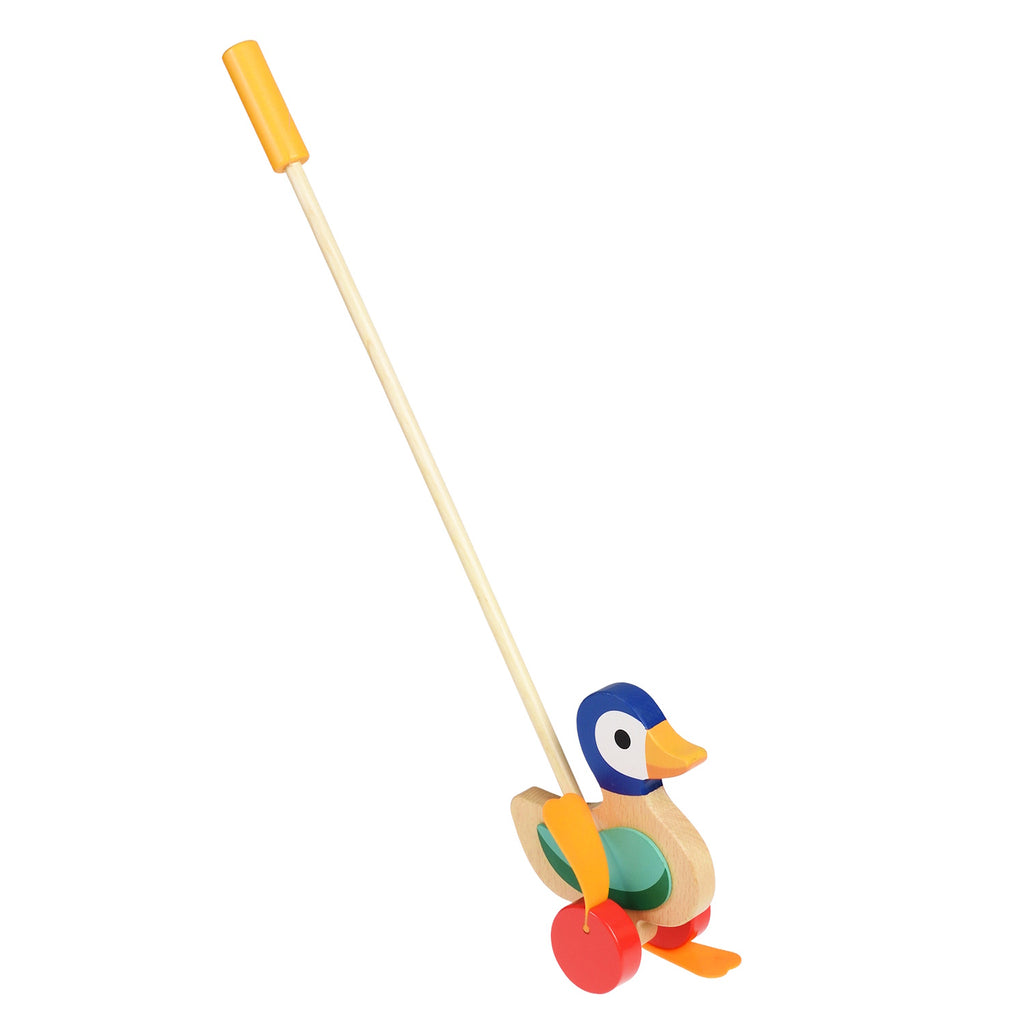 Colorful wooden pull-along duck toy with a stick handle, featuring a blue head, orange beak, and vibrant body parts. 