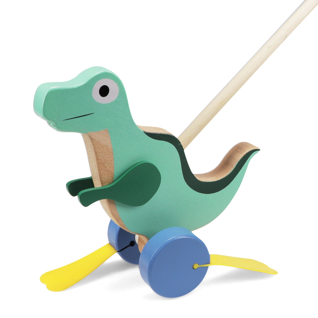 A colorful wooden walker with a dinosaur that flaps its wings as it is pushed along, designed to encourage early walking skills.
