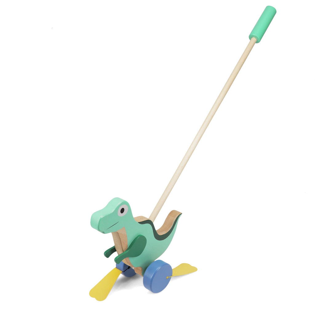 A colorful wooden walker with a dinosaur that flaps its wings as it is pushed along, designed to encourage early walking skills.