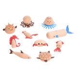 A set of brightly painted wooden marine animals, perfect for imaginative play, storytelling, and early learning activities.
