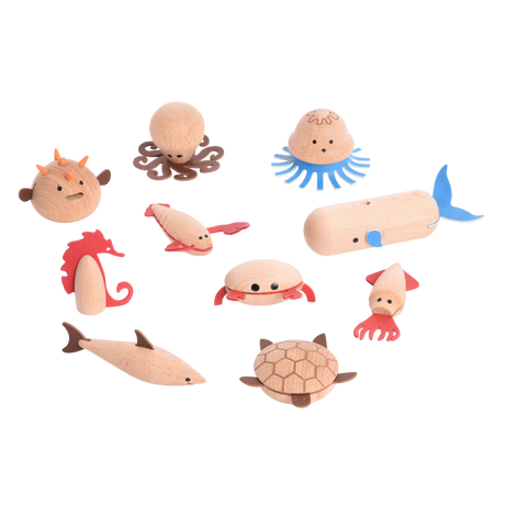 A set of brightly painted wooden marine animals, perfect for imaginative play, storytelling, and early learning activities.