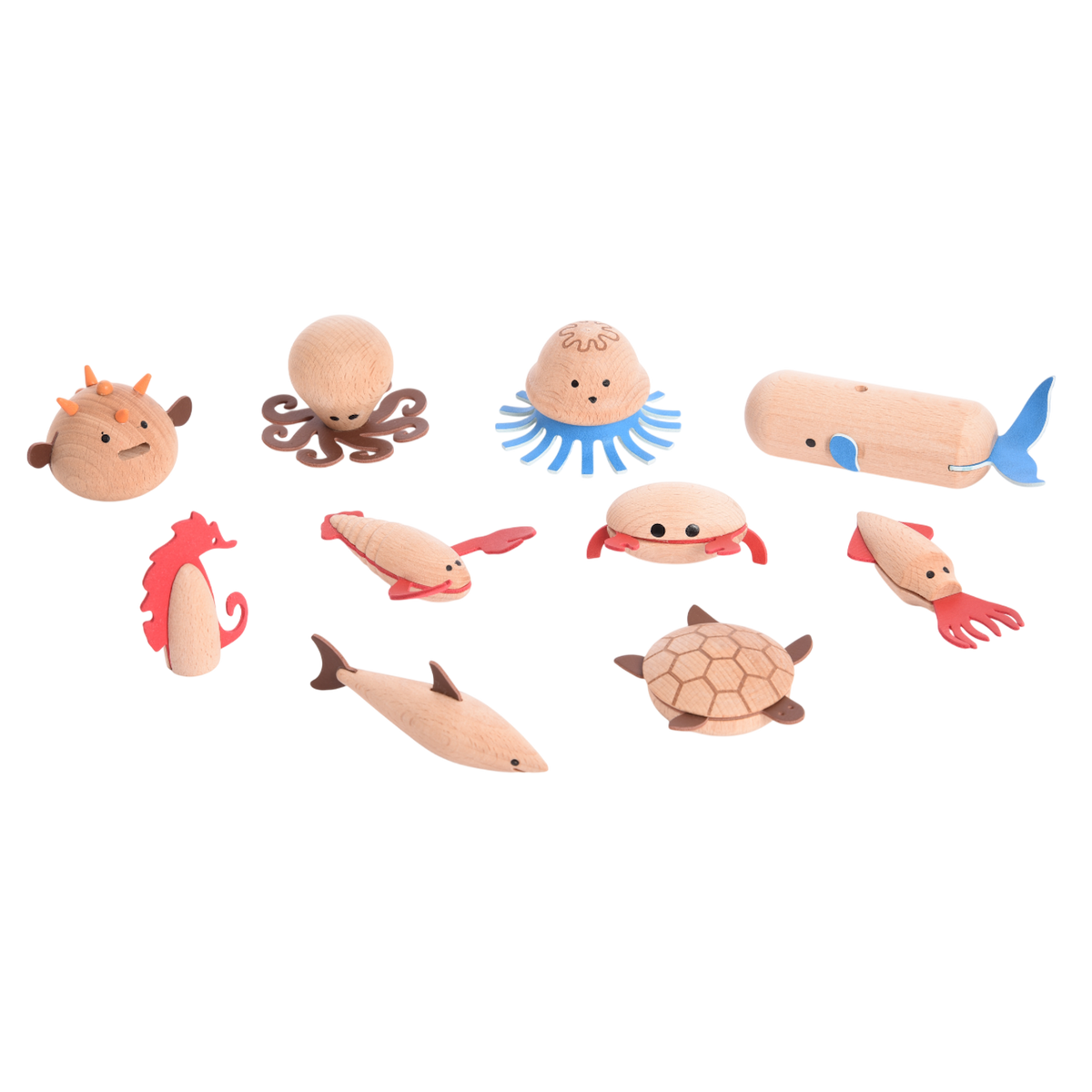A set of brightly painted wooden marine animals, perfect for imaginative play, storytelling, and early learning activities.