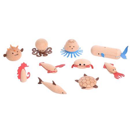 A set of brightly painted wooden marine animals, perfect for imaginative play, storytelling, and early learning activities.