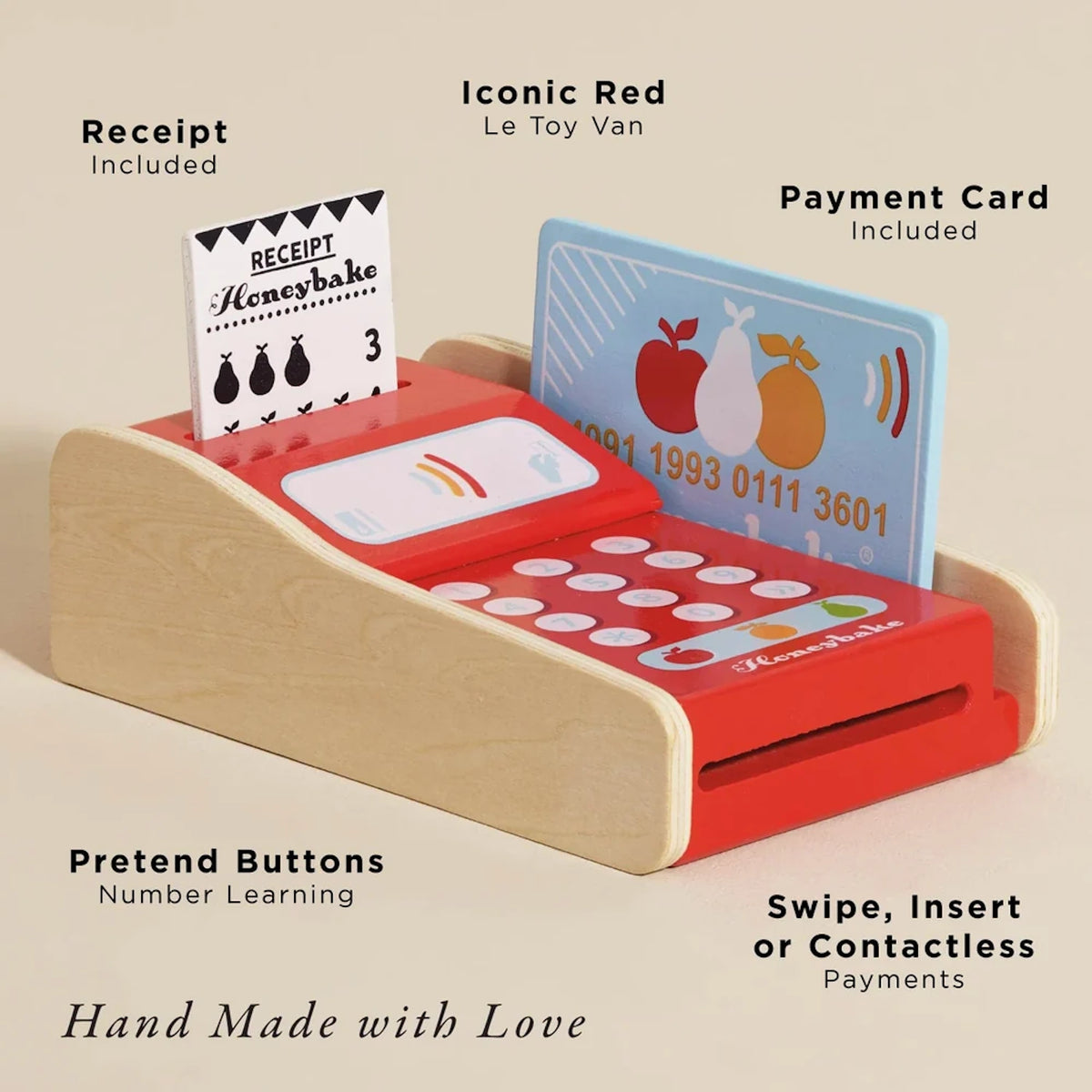 Wooden toy card machine with product features labeled like receipt included and pretend buttons.