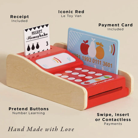 Wooden toy card machine with product features labeled like receipt included and pretend buttons.