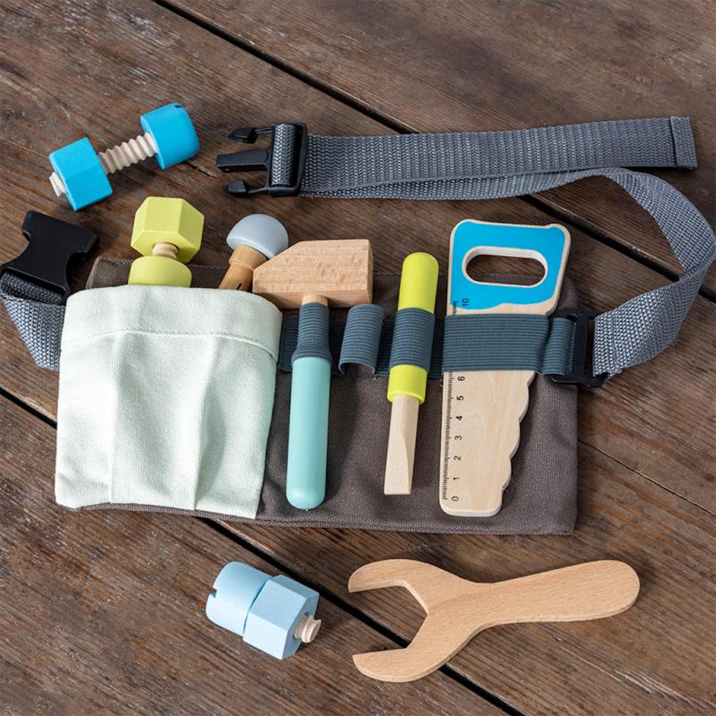 Colorful wooden tool belt set with various toy tools.
