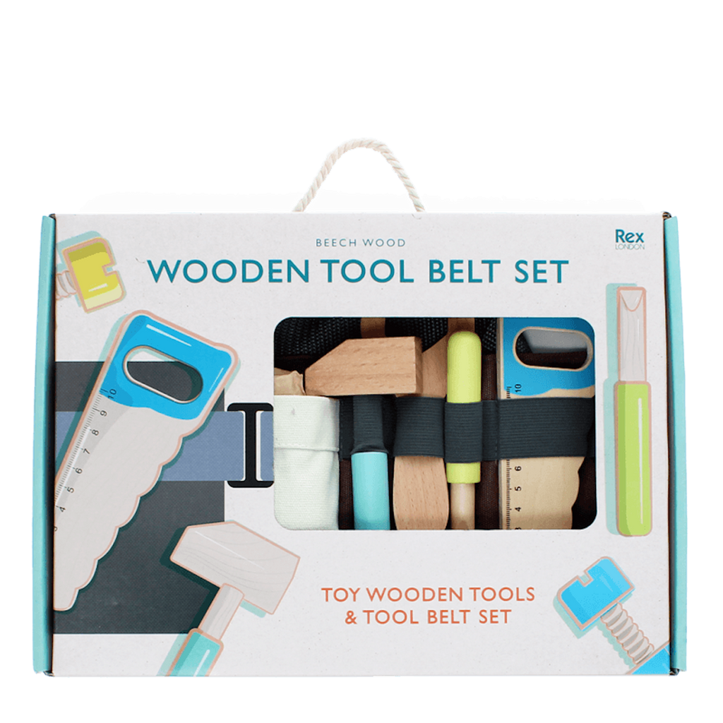 Colorful wooden tool belt set with various toy tools, packaged in a box featuring a window display and playful graphics.