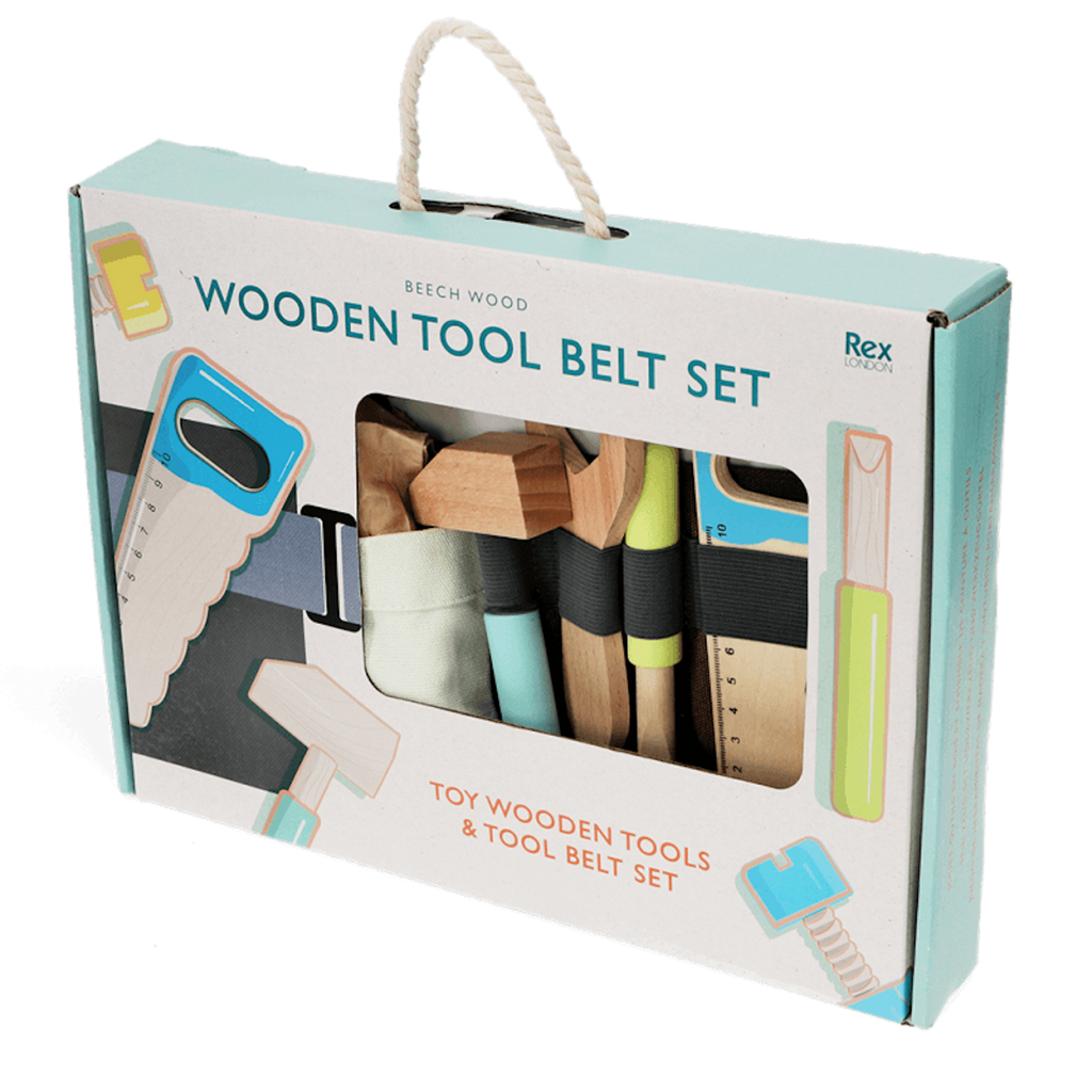 Colorful wooden tool belt set with various toy tools, packaged in a box featuring a window display and playful graphics.