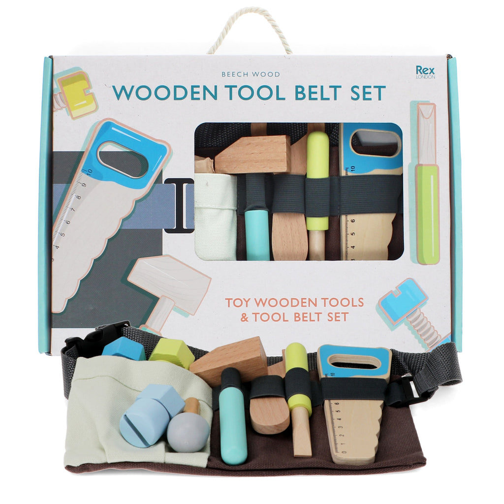 Colorful wooden tool belt set with various toy tools, packaged in a box featuring a window display and playful graphics.