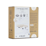 Cardboard packaging box for a wooden toy airplane showing product details and features.