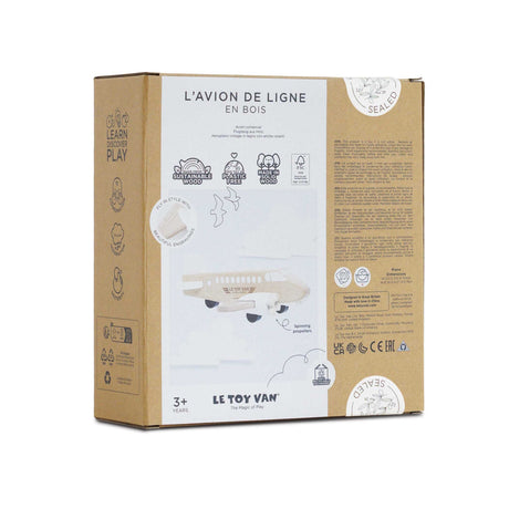 Cardboard packaging box for a wooden toy airplane showing product details and features.
