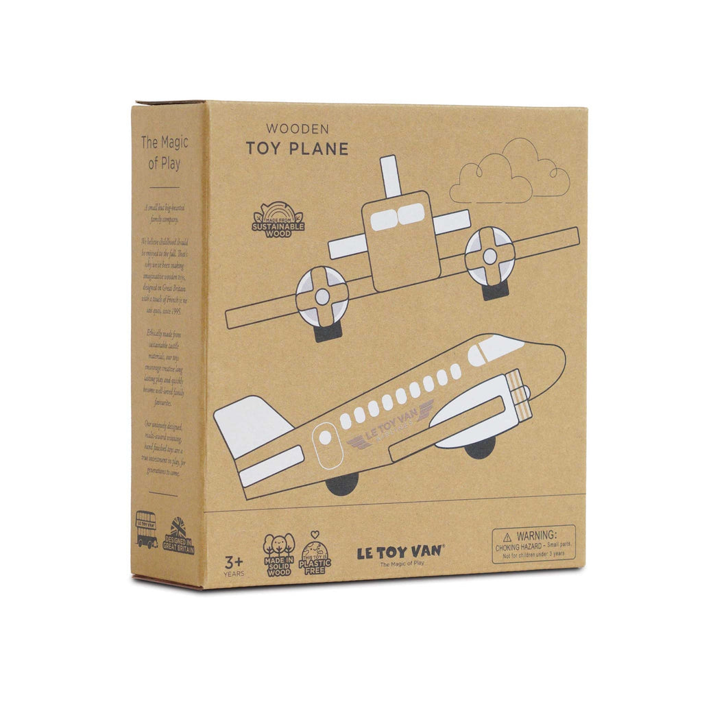 Brown packaging box features a simple illustration of a wooden toy plane. The box highlights the plane's eco-friendly and sustainable wood material.