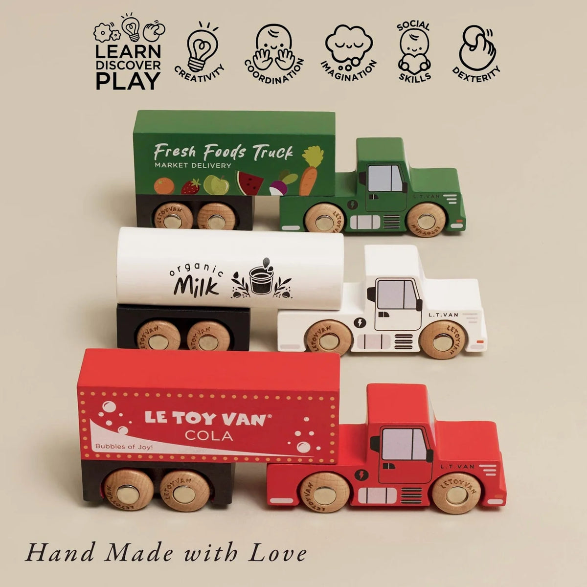 Three wooden toy trucks with learning icons and "Hand Made with Love" text.
