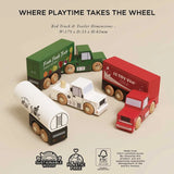 Wooden toy trucks and trailers with FSC-certified wood and plastic-free labels.