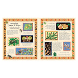 Illustrated book spread featuring sections on "Berries, Nuts & Hips" and autumn foraging with nature art.