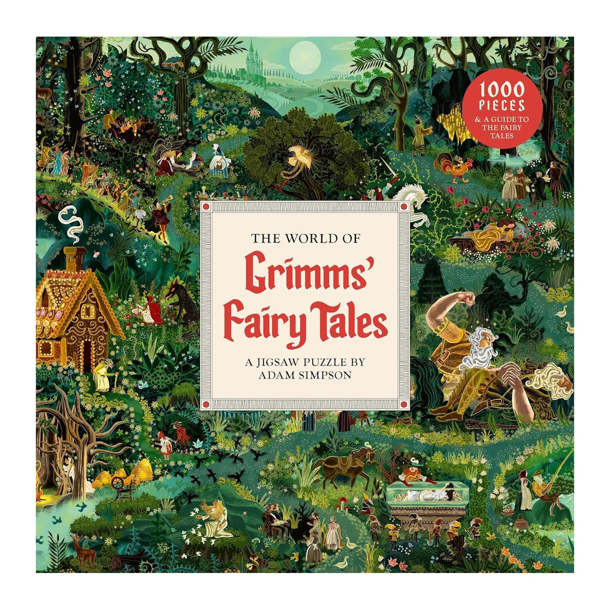 Illustrated jigsaw puzzle box cover depicting a whimsical forest scene from Grimms' Fairy Tales. Includes fairy tale characters and landscapes, with trees, a gingerbread house, and magical elements. Central text reads "The World of Grimms' Fairy Tales," set in a colorful, enchanted atmosphere.