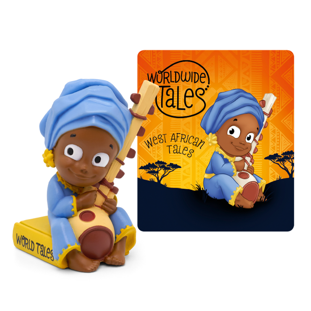A colorful figurine in traditional attire holding a musical instrument and sits on a book titled "World Tales" audiobook.