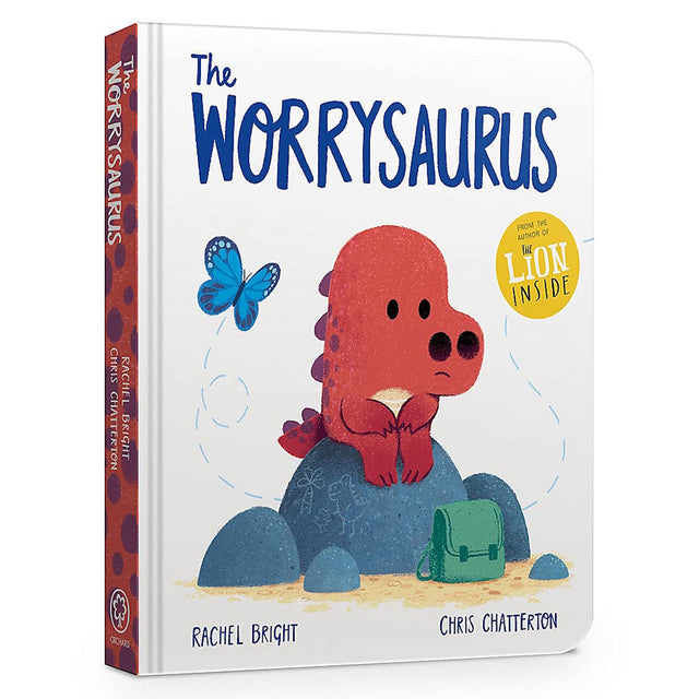 Front cover of The Worrysaurus children's book by Rachel Bright, featuring a small red dinosaur sitting on a blue rock.