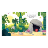 The Worrysaurus children’s book illustration of a red dinosaur waking up in a prehistoric jungle cave.