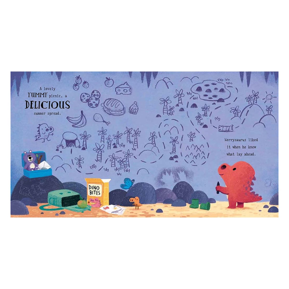 Worrysaurus dinosaur drawing a picnic map on a cave wall next to a lunchbox and snacks. Children's book illustration.