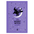 Book cover for The Worst Witch by Jill Murphy, featuring a witch silhouette flying over a crescent moon on a purple background.