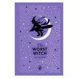 Book cover for The Worst Witch by Jill Murphy, featuring a witch silhouette flying over a crescent moon on a purple background.