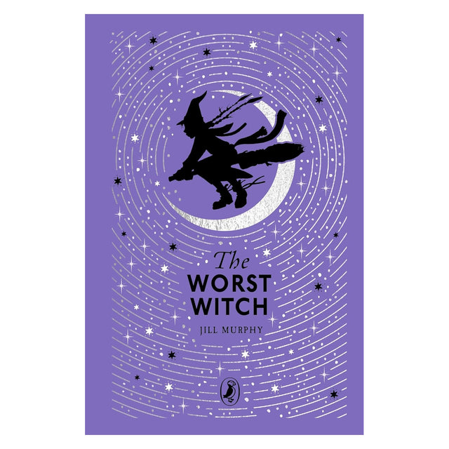 Book cover for The Worst Witch by Jill Murphy, featuring a witch silhouette flying over a crescent moon on a purple background.
