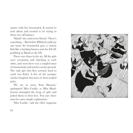 Illustration of young witches falling from broomsticks in mid-air, next to text from The Worst Witch.