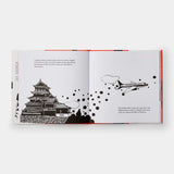Illustrated book spread showing an airplane flying away from a Japanese castle leaving a trail of dots.