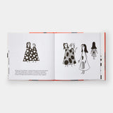 Illustrated book spread depicting figures wearing Yayoi Kusama's unique polka-dot dress designs.