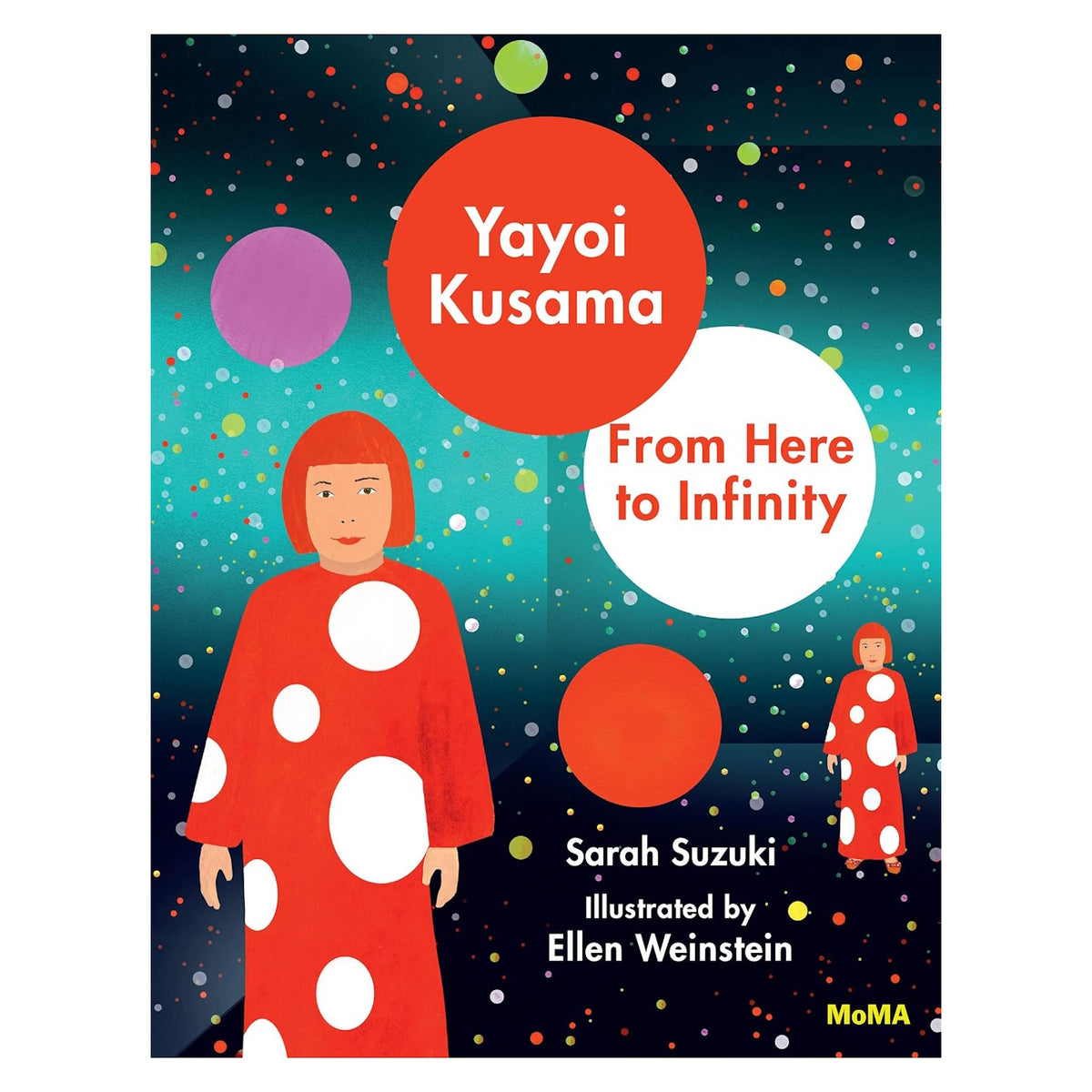 Book cover titled "Yayoi Kusama: From Here to Infinity" with illustrations against a starry background.