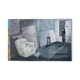 Illustrated book spread showing Yayoi Kusama standing in a room filled with dot-patterned canvases.