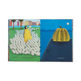Illustrated book spread showing Kusama with silver spheres and a giant yellow dotted pumpkin sculpture.