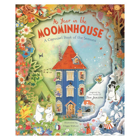 Cover of "A Year in the Moominhouse" book, featuring colorful seasonal scenes with Moomin characters around a tall blue house and lush flora.