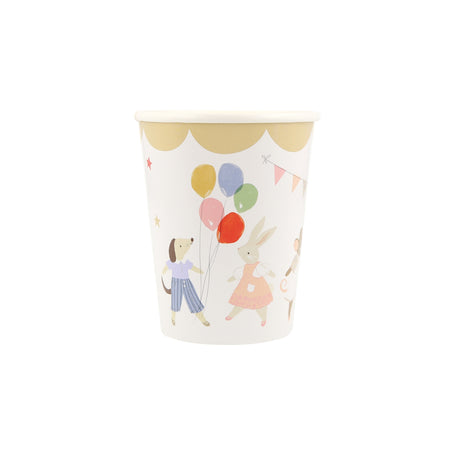 Paper party cup featuring cute illustrations of a dog, a rabbit holding balloons, and festive bunting.