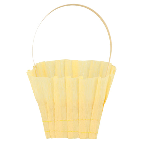 Yellow crepe paper Easter basket with a matching handle, perfect for spring party favors or treats.