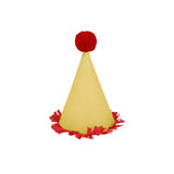 Yellow mini party hat with a red pom-pom topper and red fringe trim, ideal for birthdays and festive celebrations.